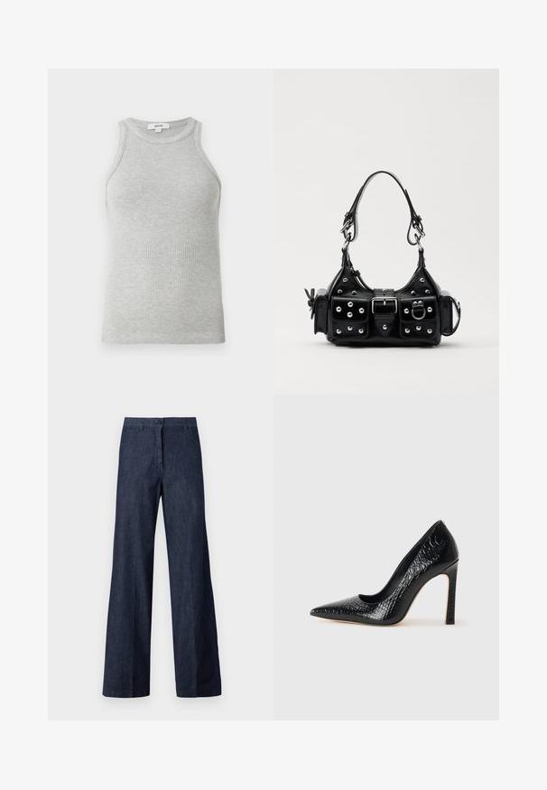 Szary prążkowany T-shirt na ramiączkach o dopasowanym kroju, z szerokimi wycięciami na ramionach i okrągłym dekoltem. Wykonany z miękkiej bawełnianej tkaniny o gładkiej fakturze.; Ciemnoniebieskie spodnie typu wide-leg z zamkiem na przodzie, dwoma bocznymi kieszeniami i gładką fakturą. Materiał ma subtelny połysk.; Czarne szpilki z ostrym noskiem, pokryte teksturą skóry krokodyla, charakteryzujące się eleganckim wzornictwem, wysokim obcasem w stylu stiletto oraz gładkim czarnym wnętrzem.; Czarna skórzana torebka w zakrzywionym kształcie, z srebrnymi ćwiekami, klamrą i dwoma bocznymi kieszeniami. Regulowany pasek umożliwiający różne opcje noszenia.
