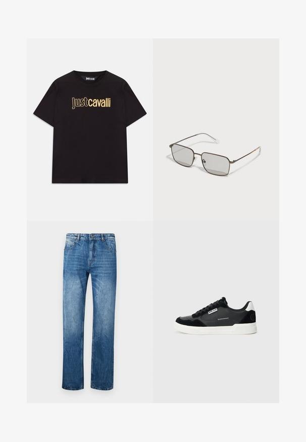 Black t-shirt made of cotton with short sleeves, featuring “Just Cavalli” in metallic gold lettering centered on the front.; Blue denim jeans with a straight cut, featuring five pockets, belt loops, and subtle fading across the fabric.; Black and white low-top sneaker with black laces, white sole, Just Cavalli logo on the side, and a white heel tab.; Brown metal framed sunglasses with square lenses, gray tinted lenses, clear temple tips, and an orange accent on the temples.