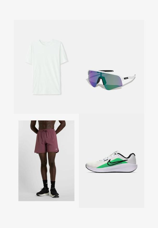 Vihreä mintun värinen lyhythihainen t-paita, joka on valmistettu pehmeästä kankaasta. Siinä on pyöreä kaula-aukko ja yksinkertainen, suora leikkaus ilman koristeita.; Bordeaux uimapuvut, joissa on joustava vyötärö ja naru. Ominaisuuksina sivuaukot liikkuvuuden varmistamiseksi ja hienovarainen logo alahelmassa.; Valkoinen urheilukenkä, jossa on vihreä yksityiskohta, musta logo, verkkomateriaali päälliosassa, pehmustettu pohja ja pyöreä korko. Sisältää nauhat ja kontrastiväriä.; Urheilulasit, joissa on valkoinen kehys ja suuret liukuvärilasin, joissa on violetteja ja vihreitä sävyjä; teräväkulmainen muotoilu ja keskeinen nenäsilta.