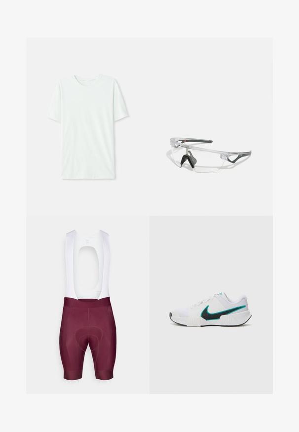 Světle máková zelená krátkosrstá tričko vyrobené z měkké tkaniny. Má kulatý výstřih a jednoduchý, rovný střih bez ozdob.; Kraťasy na kolo vyrobené z elastické tkaniny, v barvě bordó s bílou horní částí a výraznou vložkou pro pohodlí.; Bílé sportovní tenisové boty s texturovaným síťovým vrškem, černou gumovou podrážkou a akcentem v barvě tyrkysové na logu Nike. Obsahují šněrování a polstrovaný límec.; Průhledné ochranné brýle s lehkým, transparentním rámem a šedými akcenty. Mají design přes hlavu a nastavitelný nosník.