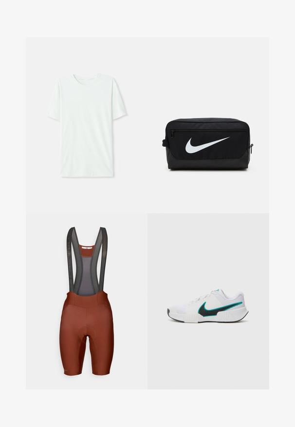 Helles mintgrünes T-Shirt mit kurzen Ärmeln aus weichem Stoff. Es hat einen Rundhalsausschnitt und einen schlichten, geraden Schnitt ohne Verzierungen.; Braune Trägershorts aus Mesh, gepolsterter Sitz und kontrastierende Nähte. Glattes, strukturiertes Material, maßgeschneiderte Passform fürs Radfahren.; Weißer Sportschuh mit strukturiertem Mesh-Obermaterial, schwarzer Gummisohle und türkisfarbenem Nike-Swoosh-Akzent. Verfügt über Schnürsenkel und gepolsterten Kragen.; Schwarzes Nike Kulturbeutel mit glatter Textur, ausgestattet mit einem weißen Swoosh-Logo, Oberreißverschluss und einer Seitentasche.