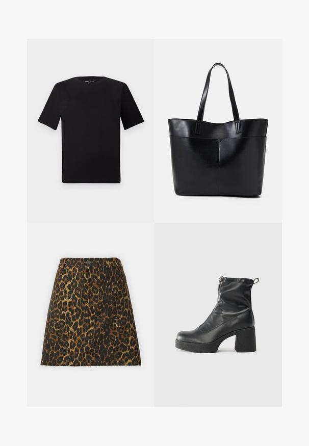 Čierne tričko s krátkym rukávom a okrúhlym výstrihom, vyrobené z mäkkej bavlny. Jednoduchý dizajn, bez viditeľných log alebo vzorov.; Džínová sukňa s leopardím vzorom, s vysokým pásom, dvoma prednými vreckami, rozstrapkaným lemom a hnedo-čiernou farebnou paletou.; Čierne členkové topánky z hladkej kože, so bočným zipsom, robustnou textúrovanou pätnou časťou a zaobleným dizajnom špičky.; Čierna kožená tote taška s dvoma dlhými rúčkami, hladkým povrchom a štruktúrovaným tvarom. Obsahuje prednú kapsu pre dodatočné uskladnenie.