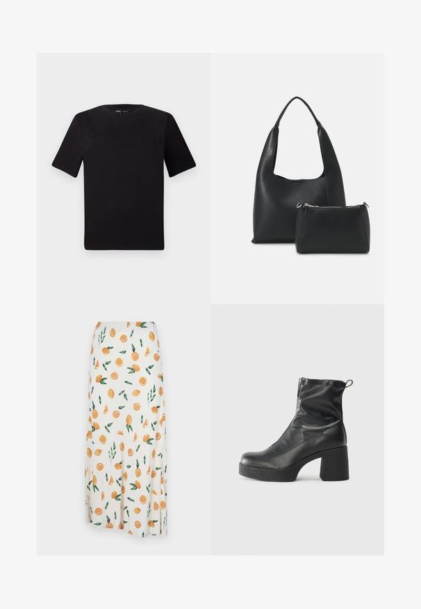 Juodas trumpas rankovės marškinėlis su apvaliu iškirpimu, pagamintas iš minkštos medvilnės medžiagos. Paprastas dizainas, be matomų logotipų ar raštų.; Balta sijonas su išsklaidytu oranžinių riekelių, visų oranžinių ir žalių lapų raštu. Audinys atrodo lygus ir turi plazdančią struktūrą.; Juodos kulkšninių botai, pagaminti iš lygaus odos, su šoniniu užtrauktuku, masyviu tekstūruotu kulnu ir apvaliu pirštu.; Even&Odd Rankinė - black
