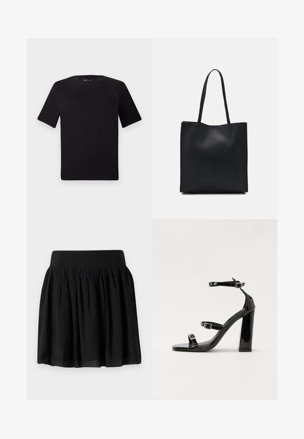 T-shirt noir à manches courtes avec un col rond, fabriqué en coton doux. Design simple, sans logos ni motifs visibles.; Jupe en tissu noir avec une large ceinture, un design froncé et une forme évasée. La texture semble lisse avec une finition légère.; Sandales à talons vernies noires avec un bout carré, des sangles autour de la cheville et des boucles en argent. Dotées d'un talon bloc épais pour plus de stabilité.; Sac fourre-tout en cuir noir avec une texture lisse, de forme rectangulaire et deux longues poignées. Pas de matériel ou d'ornementations visibles.