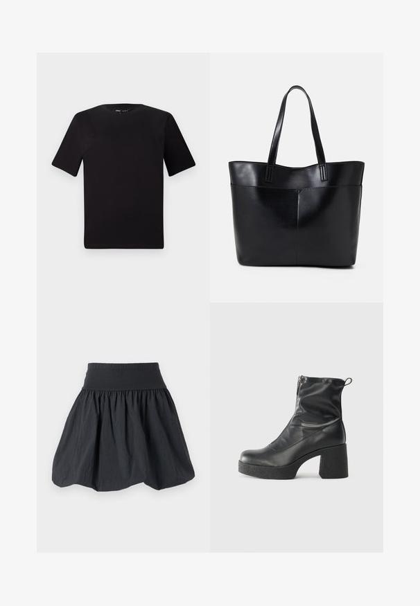 Black short-sleeve t-shirt with a round neckline, crafted from soft cotton fabric. Simple design, no visible logos or patterns.; Black elastic-waist skirt made from lightweight, crinkled fabric. Features a flared silhouette and gathered texture for volume.; Black ankle boots made of smooth leather, featuring a side zipper, chunky textured heel, and rounded toe design.; Black leather tote bag with two long handles, a smooth texture, and a structured shape. Features a front pocket for additional storage.