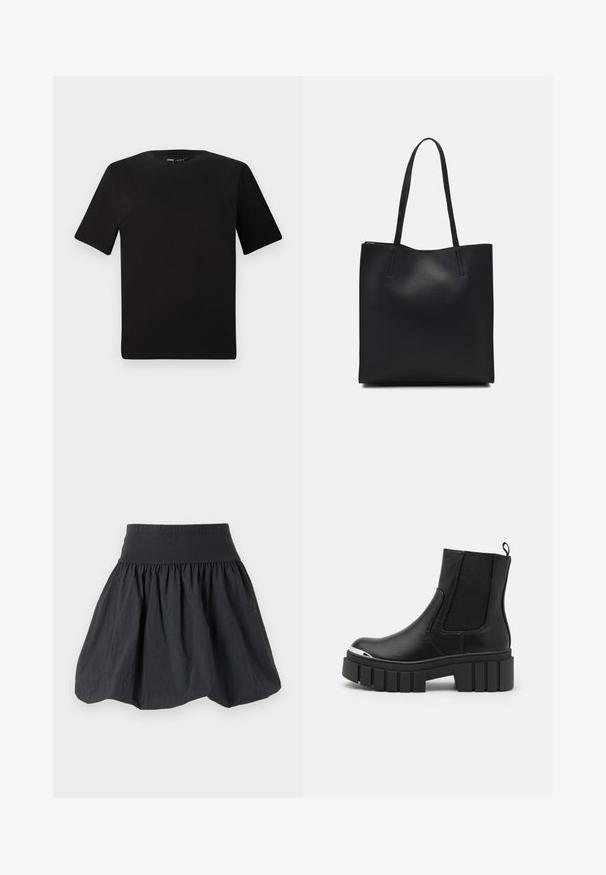 Zwarte T-shirt met korte mouwen en een ronde hals, gemaakt van zachte katoenstof. Eenvoudig ontwerp, geen zichtbare logo's of patronen.; Zwarte rok met elastische taille gemaakt van lichtgewicht, gekreukt stof. Heeft een uitlopende silhouet en een geplooide textuur voor volume.; Zwarte enkellaarsjes van soepel leer met elastische panels, een dikke plateauzool en een metalen neuskap.; Zwarte leren handtas met een gladde textuur, rechthoekige vorm en twee lange handvaten. Geen zichtbare hardware of versieringen.