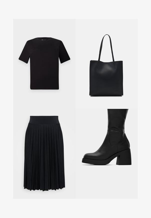 T-shirt preta de mangas curtas com decote redondo, feita de tecido de algodão suave. Design simples, sem logótipos ou padrões visíveis.; Saia preta plissada com um cós largo, feita de material macio. Apresenta pregas verticais para adicionar textura e fluidez.; Bota de couro preta até ao meio da panturrilha com salto bloco robusto e bico arredondado, mostrando perfil lateral em fundo branco.; Bolsa tote preta em couro com textura lisa, forma retangular e duas alças longas. Sem hardware ou enfeites visíveis.