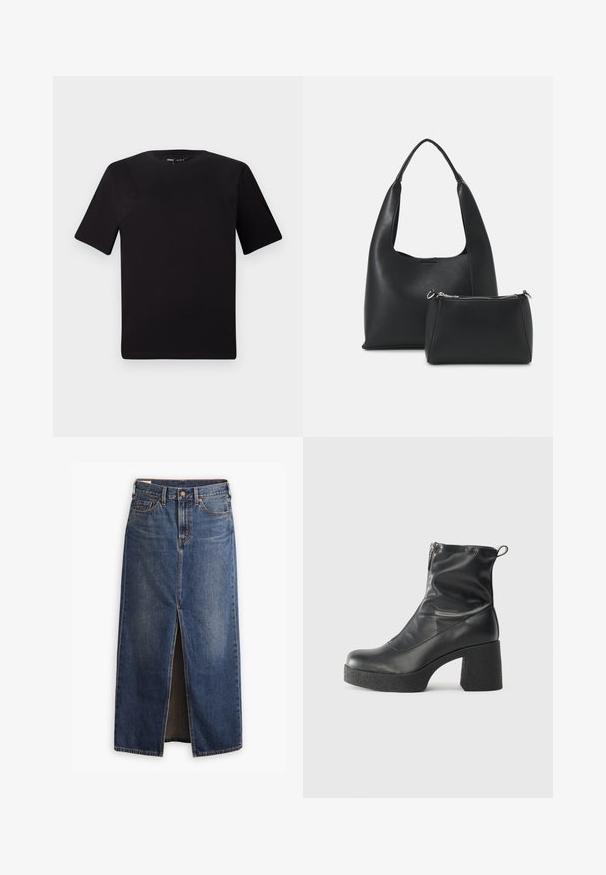T-shirt noir à manches courtes avec un col rond, fabriqué en coton doux. Design simple, sans logos ni motifs visibles.; Levi's® ANKLE COLUMN SKIRT - Jupe longue - wave hello; Bottes noires à la cheville en cuir lisse, dotées d'une fermeture éclair sur le côté, d'un talon épais texturé et d'une conception à bout rond.; Even&Odd SET - Sac à main - black