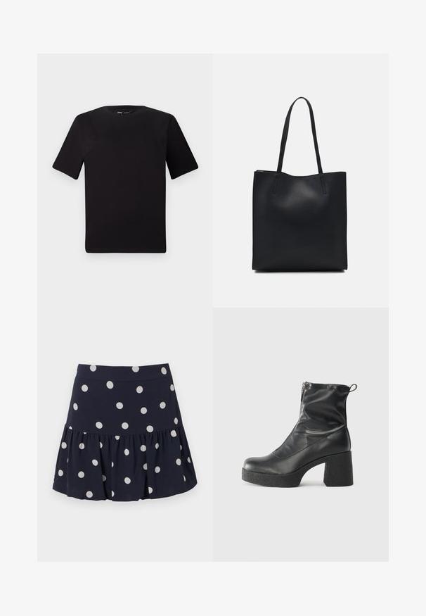 Čierne tričko s krátkym rukávom a okrúhlym výstrihom, vyrobené z mäkkej bavlny. Jednoduchý dizajn, bez viditeľných log alebo vzorov.; Námořnická modrá skater sukně vyrobená z lehkého materiálu s vykrojeným lemem. Má velké bílé puntíky a elastický pas.; Čierne členkové topánky z hladkej kože, so bočným zipsom, robustnou textúrovanou pätnou časťou a zaobleným dizajnom špičky.; Čierna kožená taška na rameno s hladkým povrchom, obdĺžnikovým tvarom a dvoma dlhými uchami. Bez viditeľného kovania alebo ozdôb.
