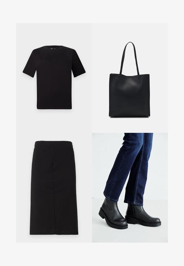 Fekete, rövid ujjú póló, kerek nyakkal, puha pamutból készült. Egyszerű dizájn, nincs látható logó vagy minta.; Fekete, térdige érő, ceruzaszoknya puha anyagból, sima derékkal és egyenes siluettel, látható díszítések nélkül.; Fekete bőr bokacsizma vastag talppal és oldalán elnyújtott elasztikus betétekkel, sötétkék farmerral párosítva. A talaj világos színű.; Fekete bőrtáska sima felszínnel, téglalap alakú, két hosszú füllel. Nincs látható fémkiegészítő vagy díszítés.