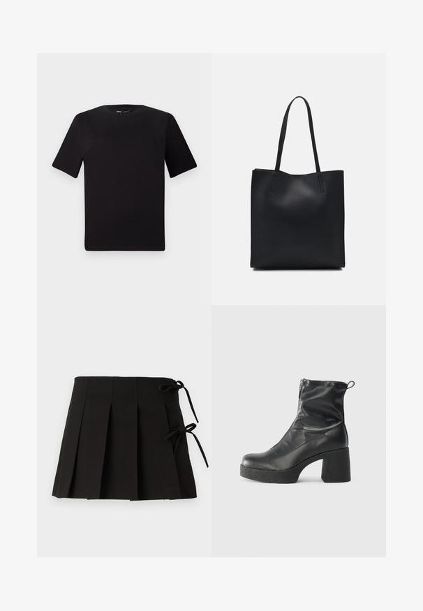 Schwarzes T-Shirt mit kurzen Ärmeln und Rundhalsausschnitt, aus weichem Baumwollmaterial gefertigt. Schlichtes Design, keine sichtbaren Logos oder Muster.; Schwarzer, gefalteter Rock mit Seitenschnüren, hergestellt aus einem glatten Stoff; verfügt über ein strukturiertes Design und klare Linien.; Schwarze Stiefeletten aus glattem Leder mit seitlichem Reißverschluss, klobigem strukturiertem Absatz und runder Zehenform.; Schwarze Laptoptasche aus Leder mit glatter Textur, rechteckiger Form und zwei langen Griffen. Keine sichtbaren Beschläge oder Verzierungen.