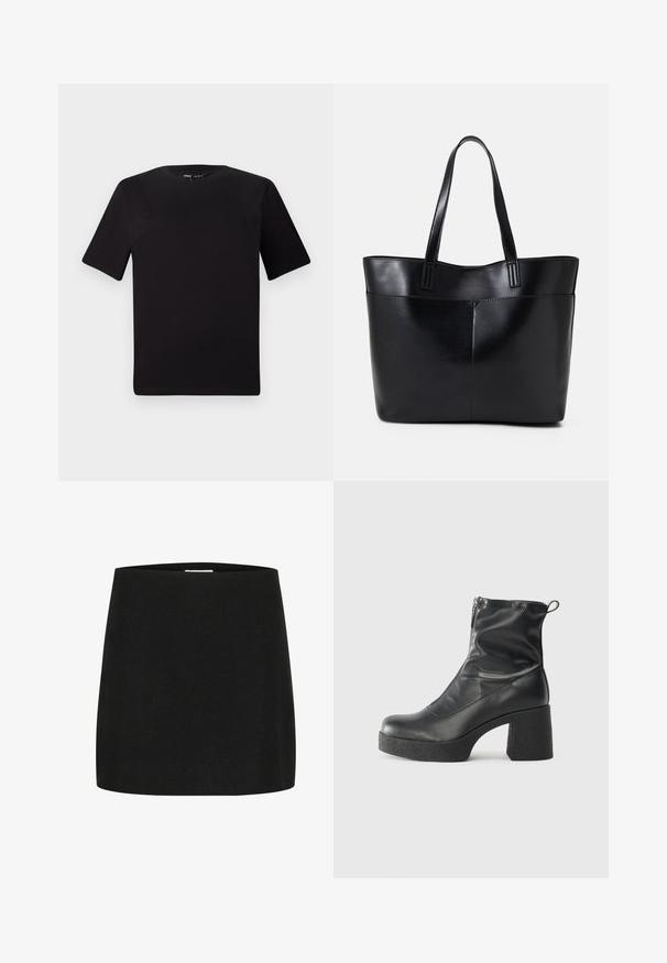 T-shirt noir à manches courtes avec un col rond, fabriqué en coton doux. Design simple, sans logos ni motifs visibles.; Mini-jupe noire en tissu texturé, avec une coupe simple et droite, sans embellissements ni motifs visibles.; Bottes noires à la cheville en cuir lisse, dotées d'une fermeture éclair sur le côté, d'un talon épais texturé et d'une conception à bout rond.; Sac fourre-tout en cuir noir avec deux longues poignées, une texture lisse et une forme structurée. Dispose d'une poche avant pour un rangement supplémentaire.