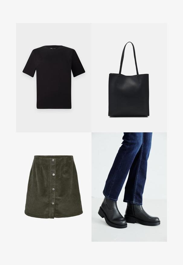 Svart t-skjorte med korte ermer og rund hals, laget av mykt bomullsstoff. Enkelt design, ingen synlige logoer eller mønstre.; Kordfløyel mini-nederdel i mørkegrønn med A-linjeform, med fem sølvfargede knappelukkinger foran og vertikal ribbet tekstur.; Sorte lær ankelsko med en kraftig såle og elastiske paneler på siden, kombinert med mørkeblå jeans. Underlaget er lyst.; Svart lær tote bag med glatt tekstur, rektangulær form og to lange håndtak. Ingen synlige deler eller dekorasjoner.