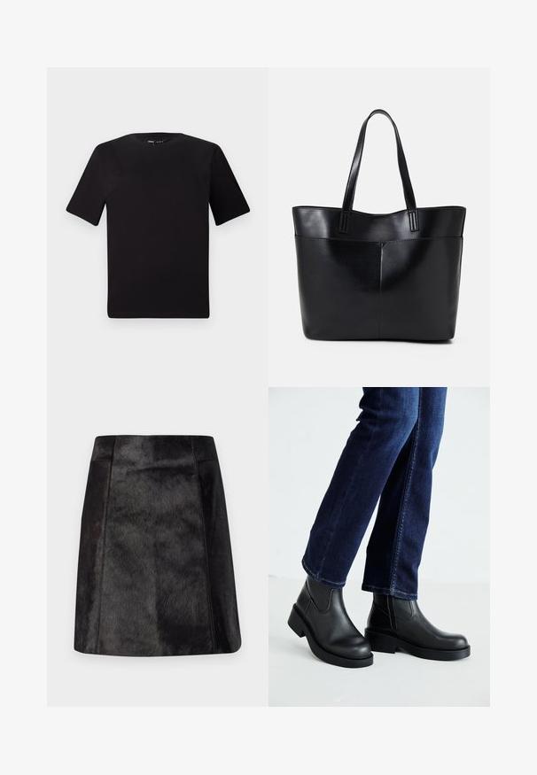 Juodas trumpas rankovės marškinėlis su apvaliu iškirpimu, pagamintas iš minkštos medvilnės medžiagos. Paprastas dizainas, be matomų logotipų ar raštų.; Juoda odinė mini sijonas su lygiu, tekstūruotu paviršiumi. Turi prigludusį liemenį ir švarias linijas, pabrėžiančias elegantišką dizainą.; Juoda odinė kulkšninių botų su storu padu ir šoninėmis elastinėmis detalėmis, derinama su tamsiai mėlynomis džinsais. Žemė šviesios spalvos.; Juoda odinė rankinė su dviem ilgais diržais, lygiu paviršiumi ir struktūrizuota forma. Yra priekinė kišenė papildomam saugojimui.