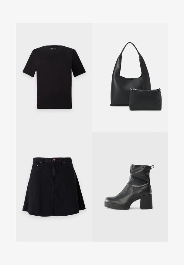 T-shirt preta de mangas curtas com decote redondo, feita de tecido de algodão suave. Design simples, sem logótipos ou padrões visíveis.; Saia de ganga preta com um design amplificado, apresentando bolsos frontais e detalhes em hardware rosa na cintura e nas bordas dos bolsos.; Botas de tornozelo pretas feitas de couro liso, com fecho lateral, salto grosso texturizado e design de bico arredondado.; Even&Odd Mala de mão - black