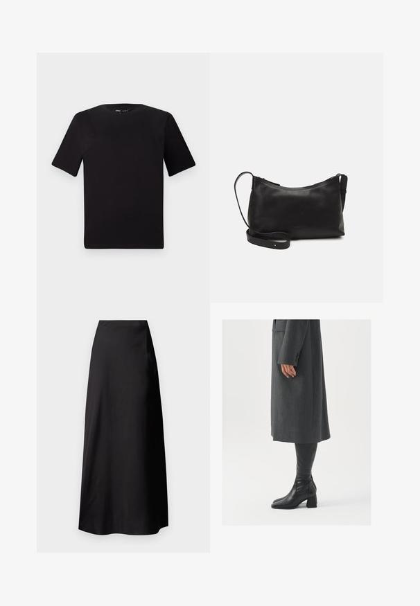 Schwarzes T-Shirt mit kurzen Ärmeln und Rundhalsausschnitt, aus weichem Baumwollmaterial gefertigt. Schlichtes Design, keine sichtbaren Logos oder Muster.; Schwarzer Satin-Maxirock mit glatter Textur, hoch tailliertem Design, fließender Silhouette und ohne sichtbare Muster oder Hardware-Details.; Grau, maßgeschneiderter Überwurf mit geradem Schnitt; kombiniert mit knöchelhohen, schwarzen Lederstiefeln mit quadrater Zehenform und klobigem Absatz.; Schwarze Ledertasche für die Schulter mit glatter Textur, geschwungener Form, verstellbarem Tragegurt und Reißverschluss. Minimalistisches Design ohne Verzierungen.