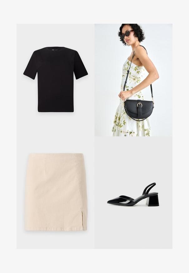 T-shirt nera a maniche corte con scollatura rotonda, realizzata in morbido cotone. Design semplice, senza loghi o motivi visibili.; Gonna mini in velluto a coste beige con texture a righe verticali, caratterizzata da una fessura laterale per un tocco in più. Orlo dritto e cucito in modo uniforme.; Décolleté in vernice nera con punta affusolata e tacco in geometria cubica. Presentano un design elegante e minimalista, con una texture liscia.; Borsa a tracolla nera in pelle con una forma curva, manico rimovibile e accessori dorati. La borsa presenta una patta con un dettaglio a fibbia.