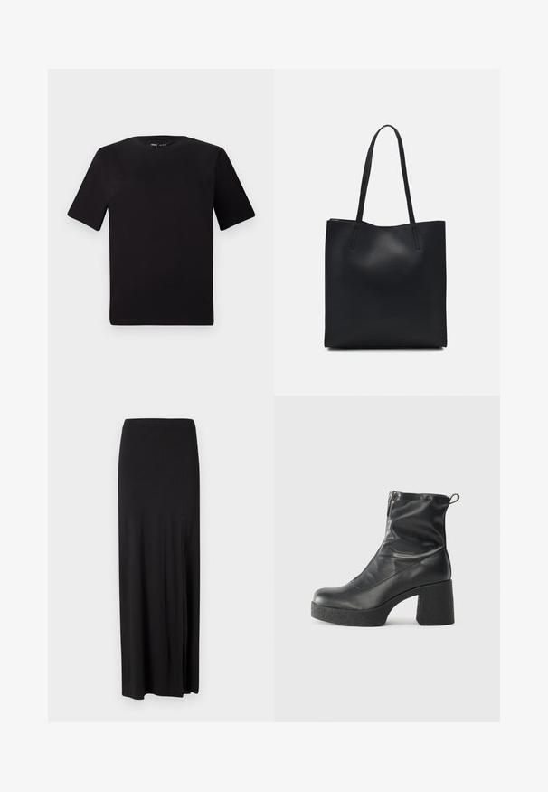 Black short-sleeve t-shirt with a round neckline, crafted from soft cotton fabric. Simple design, no visible logos or patterns.; Black maxi skirt made of soft, stretchy material. Features a side slit and a simple, streamlined design with no embellishments.; Black ankle boots made of smooth leather, featuring a side zipper, chunky textured heel, and rounded toe design.; Black leather tote bag with smooth texture, rectangular shape, and two long handles. No visible hardware or embellishments.
