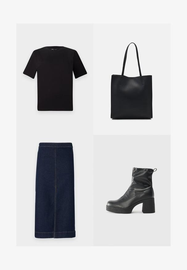 Svart t-skjorte med korte ermer og rund hals, laget av mykt bomullsstoff. Enkelt design, ingen synlige logoer eller mønstre.; Denim midi-skjørt i mørkeblått, med rett snitt, subtil sømdetalj og en ren kant.; Svarte ankelstøvler laget av glatt lær, med glidelås på siden, chunky strukturert hæl, og rund tå-design.; Svart lær tote bag med glatt tekstur, rektangulær form og to lange håndtak. Ingen synlige deler eller dekorasjoner.