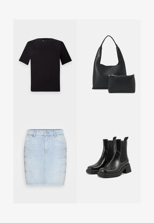 Fekete, rövid ujjú póló, kerek nyakkal, puha pamutból készült. Egyszerű dizájn, nincs látható logó vagy minta.; Világoskék farmer szoknya, amely karcsú fazonnal, közepes derékkal rendelkezik, és az egyik oldalán ezüst szegecsekből álló átmenetes mintával díszített.; Fekete bőr Chelsea csizmák masszív sarkakkal, rugalmas oldalsó panelekkel és kontrasztos fehér varrással. Texturált felület.; Even&Odd Kézitáska - black