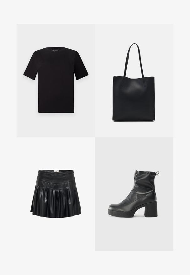 Svart t-skjorte med korte ermer og rund hals, laget av mykt bomullsstoff. Enkelt design, ingen synlige logoer eller mønstre.; Svart skjørt i kunstlær med folder, tettsittende liv og dekorativt utstyr på sidene. Glatt tekstur med en blank overflate.; Svarte ankelstøvler laget av glatt lær, med glidelås på siden, chunky strukturert hæl, og rund tå-design.; Svart lær tote bag med glatt tekstur, rektangulær form og to lange håndtak. Ingen synlige deler eller dekorasjoner.
