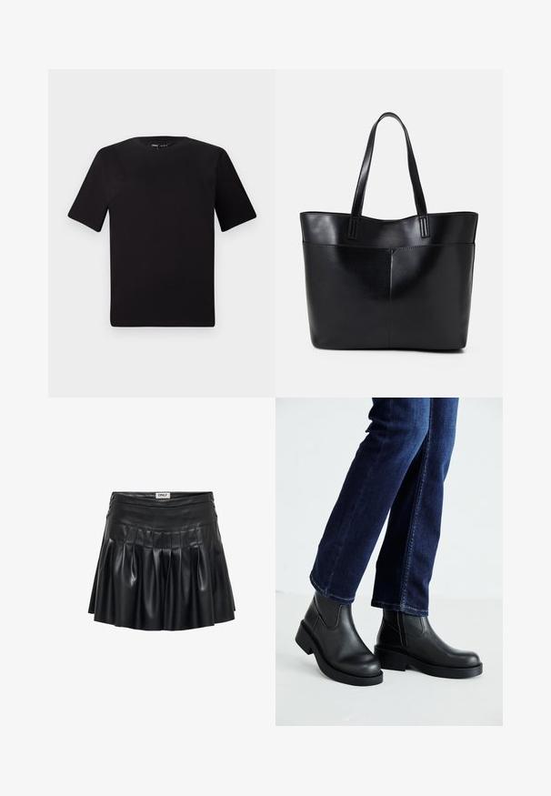 T-shirt preta de mangas curtas com decote redondo, feita de tecido de algodão suave. Design simples, sem logótipos ou padrões visíveis.; Saia de couro sintético preta com pregas, cintura ajustada e detalhes decorativos nas laterais. Textura suave com um acabamento lustroso.; Botas de tornozelo de couro preto com sola grossa e painéis elásticos laterais, combinadas com jeans azul escuro. O chão é de cor clara.; Bolsa tote preta em couro com duas alças longas, textura suave e forma estruturada. Apresenta um bolso frontal para armazenamento adicional.