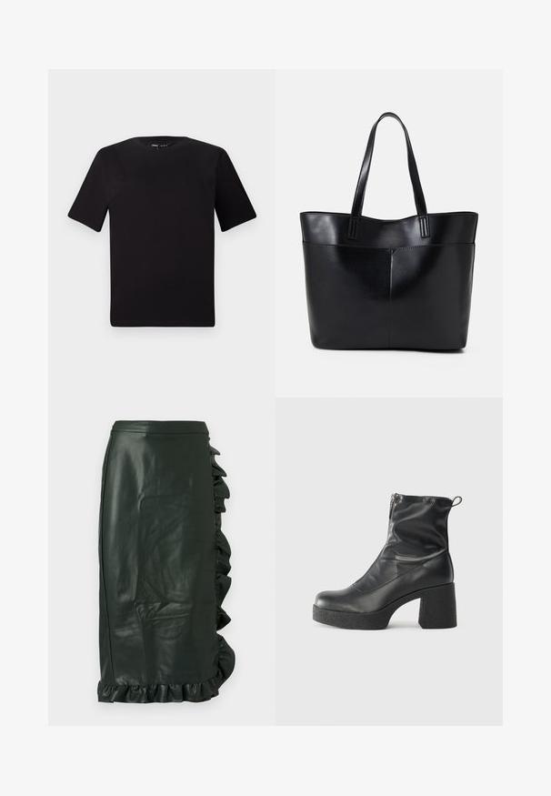 Melnas īsām piedurknēm T-krekls ar apaļu kakla izgriezumu, izgatavots no mīksta kokvilnas auduma. Vienkāršs dizains, bez redzamām logo vai rakstiem.; Tumši zaļš ādas zīmulis svārki ar drapējumu sānos, gluda tekstūra, garums virs ceļgaliem un pieguļoša siluets.; Melni potītes zābaki, kas izgatavoti no gludas ādas, ar sānu rāvējslēdzēju, masīvu strukturētu papēdi un noapaļotu purngalu.; Melnas ādas iepirkumu soma ar divām garām rokturām, gludu tekstūru un strukturētu formu. Iekļauj priekšējo kabatu papildu uzglabāšanai.