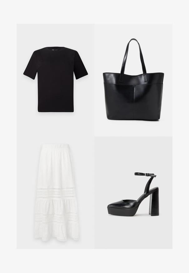 Černé tričko s krátkým rukávem a kulatým výstřihem, vyrobené z měkké bavlněné látky. Jednoduchý design, žádné viditelné logo nebo vzory.; Bílá bavlněná maxi sukně se vzorem očí, vícevrstvý design, elastický pas a krajkové detaily na lemech a panelech.; Černé platformové podpatky s špičatou špičkou a nastavitelným kotníkovým popruhem. Vyrobeny z hladké kůže, s masivním blokovým podpatkem.; Černá kožená taška s dlouhými ušima, hladkým povrchem a strukturovaným tvarem. Obsahuje přední kapsu pro další úložný prostor.