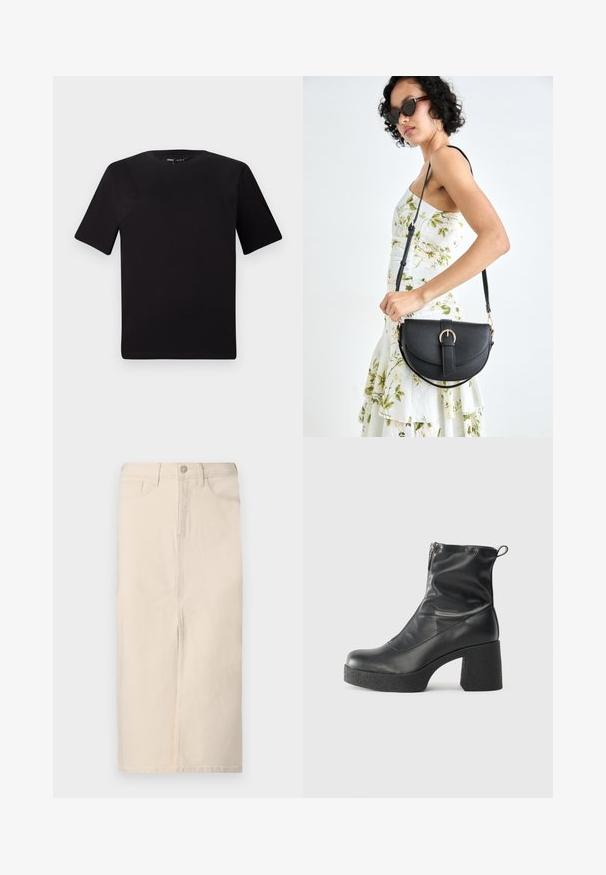 Črna majica s kratkimi rokavi in okroglim izrezom, izdelana iz mehkega bombažnega materiala. Preprost dizajn, brez vidnih logotipov ali vzorcev.; Kremna denim midi krila z odprtino spredaj, petimi žepi in gumbom za zapiranje spredaj. Tkanina ima mehak, teksturiran zaključek.; Črne gležnjarje iz gladke kože z božnim zadrgo, masivnim teksturiranim peto in zaobljeno obliko prstov.; Črna usnjena torbica s ukrivljeno obliko, z odstranljivo naramnico in zlatimi dodatki. Torbica ima pokrov s podrobnostmi v obliki zaponke.