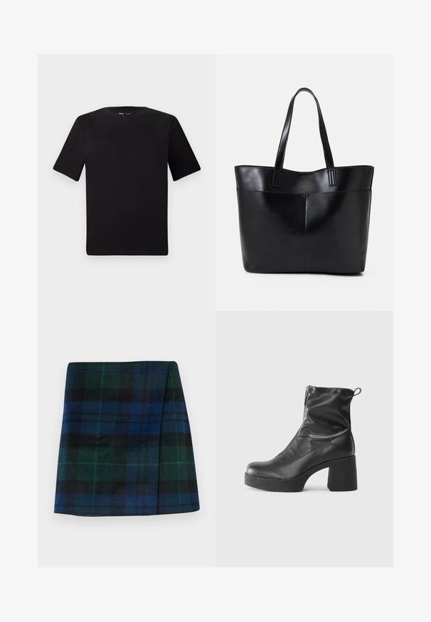 T-shirt noir à manches courtes avec un col rond, fabriqué en coton doux. Design simple, sans logos ni motifs visibles.; Jupe à carreaux aux couleurs vert foncé, bleu et noir, avec une coupe droite et une texture douce, accompagnée d'une forme structurée.; Bottes noires à la cheville en cuir lisse, dotées d'une fermeture éclair sur le côté, d'un talon épais texturé et d'une conception à bout rond.; Sac fourre-tout en cuir noir avec deux longues poignées, une texture lisse et une forme structurée. Dispose d'une poche avant pour un rangement supplémentaire.