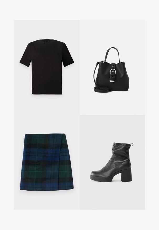 Sort kortærmet t-shirt med rund halsudskæring, lavet af blødt bomuldsstof. Enkel design, ingen synlige logoer eller mønstre.; Skotsk nederdel i mørkegrøn, blå og sort, med lige snit og en blød tekstur i en struktureret form.; Sorte ankelstøvler lavet af glat læder, med en sidelukning, kraftig struktureret hæl og rundt tådesign.; Sorthanker taske lavet af glat læder, med en struktureret form, kort håndtag og aftagelig skulderrem. Sølvspænde detaljer.