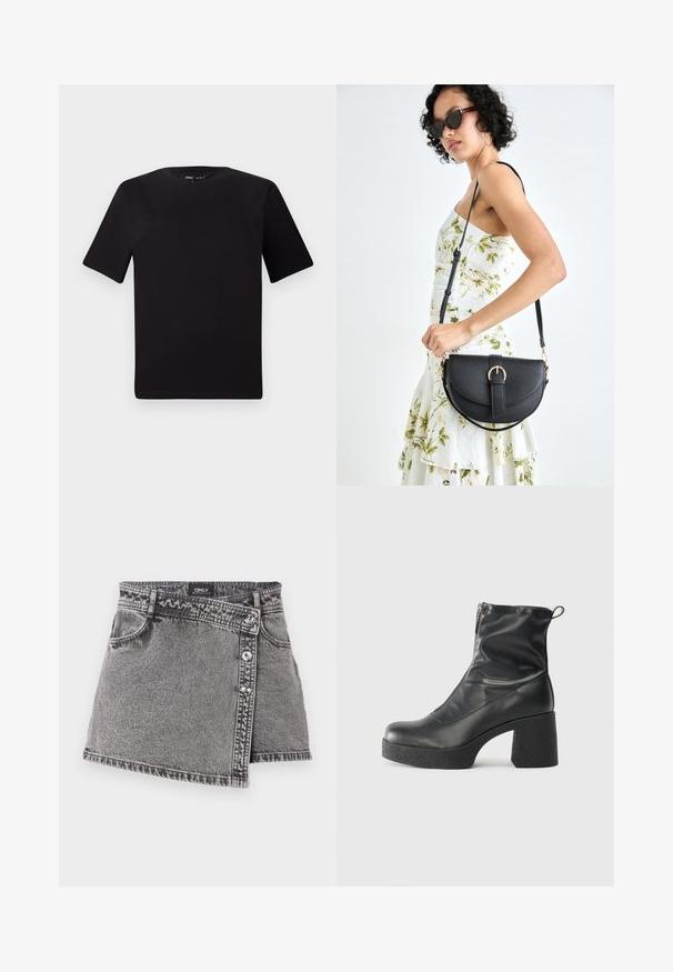 Tricou scurt negru cu mânecă scurtă și guler rotund, realizat dintr-un material de bumbac moale. Design simplu, fără logo-uri sau modele vizibile.; Fustă mini din denim gri cu o croială asimetrică, având detalii cu nasturi argintii și o buzunar frontal. Textură netedă și design casual.; Bocanci negri de glezna din piele netedă, cu fermoar lateral, toc texturat și masiv, și design cu vârf rotund.; Geantă din piele neagră, cu o formă curbată, curea detașabilă și accesorii aurii. Geanta are un capac cu un detaliu tip cataramă.