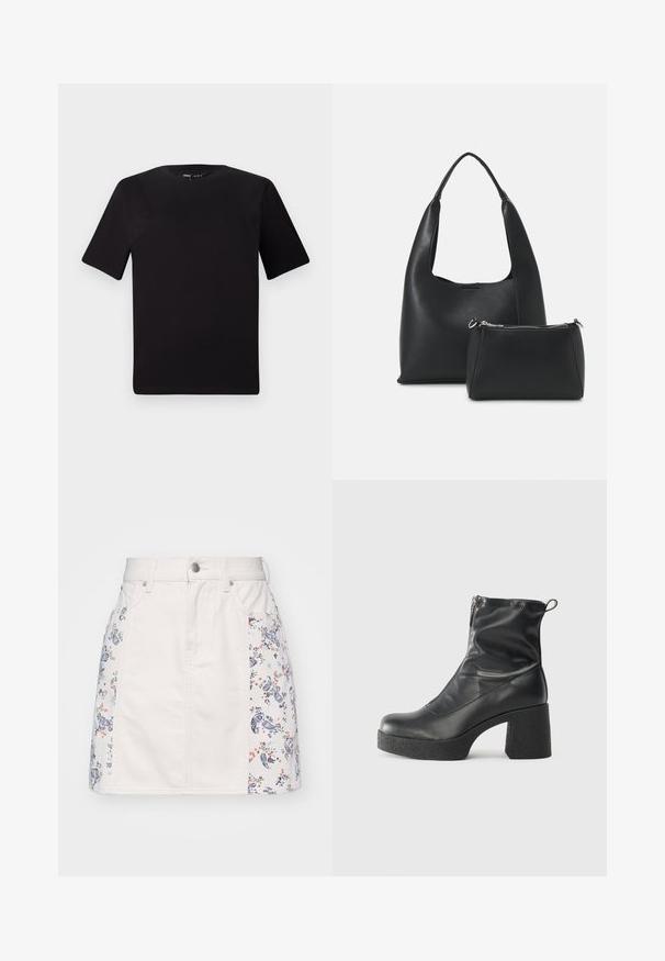 Μαύρο κοντομάνικο μπλουζάκι με στρογγυλή λαιμόκοψη, κατασκευασμένο από απαλό βαμβακερό ύφασμα. Απλός σχεδιασμός, χωρίς ορατά λογότυπα ή μοτίβα.; Λευκή τζιν φούστα με λουλούδια και σχεδίαση παϊζλί κεντημένη στις πλαϊνές επιφάνειες, διαθέτει κλείσιμο με κουμπί και θηλιές ζώνης. Κλασικός σχεδιασμός με πέντε τσέπες.; Μαύρες μποτές μέχρι τον αστράγαλο από λείο δέρμα, με πλευρικό φερμουάρ, χοντρό υφασμάτινο τακούνι και στρογγυλή μύτη.; Even&Odd SET - Τσάντα χειρός - black