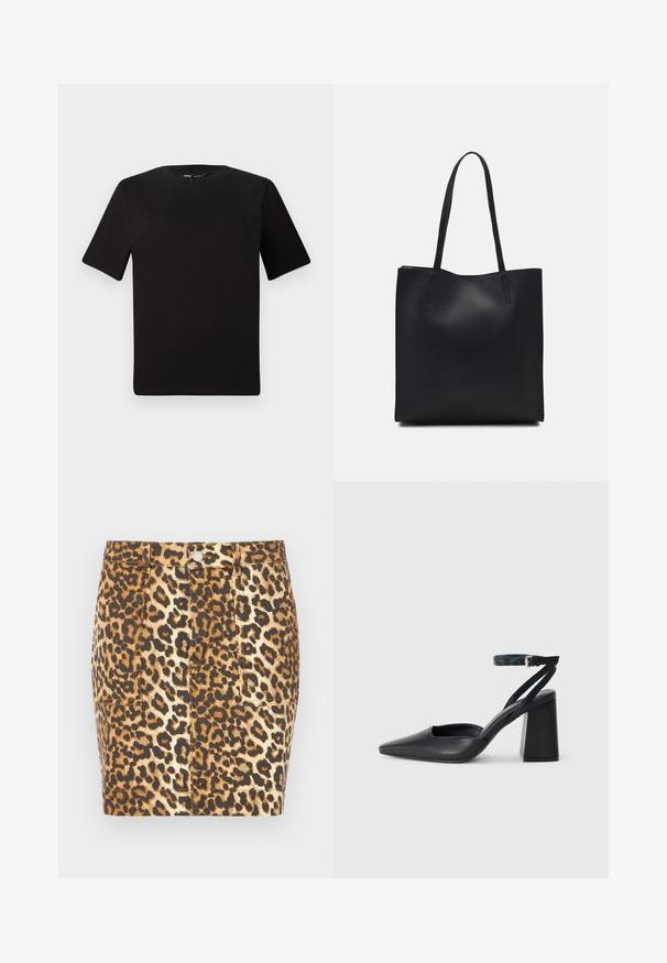 Zwarte T-shirt met korte mouwen en een ronde hals, gemaakt van zachte katoenstof. Eenvoudig ontwerp, geen zichtbare logo's of patronen.; Leopardprint denim minirok met bruin en beige tinten, voorzien van een voorknopsluiting en twee zijzakken.; Zwarte leren puntige pump met een enkelbandje en een chunky hak. Vlakke textuur, strakke vormgeving en minimalistische esthetiek.; Zwarte leren handtas met een gladde textuur, rechthoekige vorm en twee lange handvaten. Geen zichtbare hardware of versieringen.