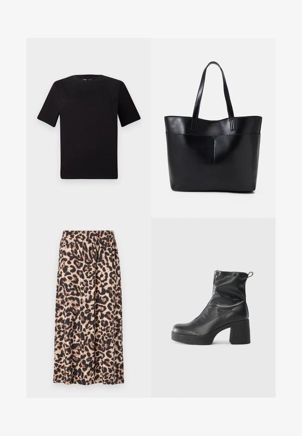 Svart t-skjorte med korte ermer og rund hals, laget av mykt bomullsstoff. Enkelt design, ingen synlige logoer eller mønstre.; Leopardmønstret skjørt i beige og svart, laget av lett stoff. Har elastisk midje og en flytende A-linje design.; Svarte ankelstøvler laget av glatt lær, med glidelås på siden, chunky strukturert hæl, og rund tå-design.; Svart lær toteveske med to lange håndtak, en glatt tekstur og en strukturert form. Har en frontlomme for ekstra oppbevaring.