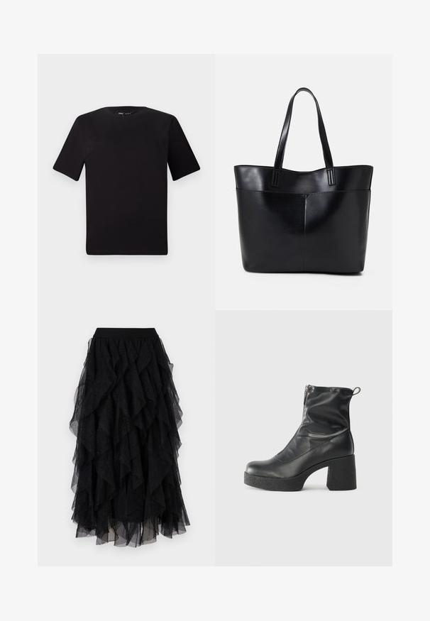 Tricou scurt negru cu mânecă scurtă și guler rotund, realizat dintr-un material de bumbac moale. Design simplu, fără logo-uri sau modele vizibile.; Fustă din tull negru, cu volane stratificate, textură moale și accente subtile de sclipici. Talie elastică pentru o potrivire confortabilă.; Bocanci negri de glezna din piele netedă, cu fermoar lateral, toc texturat și masiv, și design cu vârf rotund.; Geantă oversized din piele neagră, cu două mânere lungi, de textură netedă și formă structurată. Are un buzunar frontal pentru stocare suplimentară.