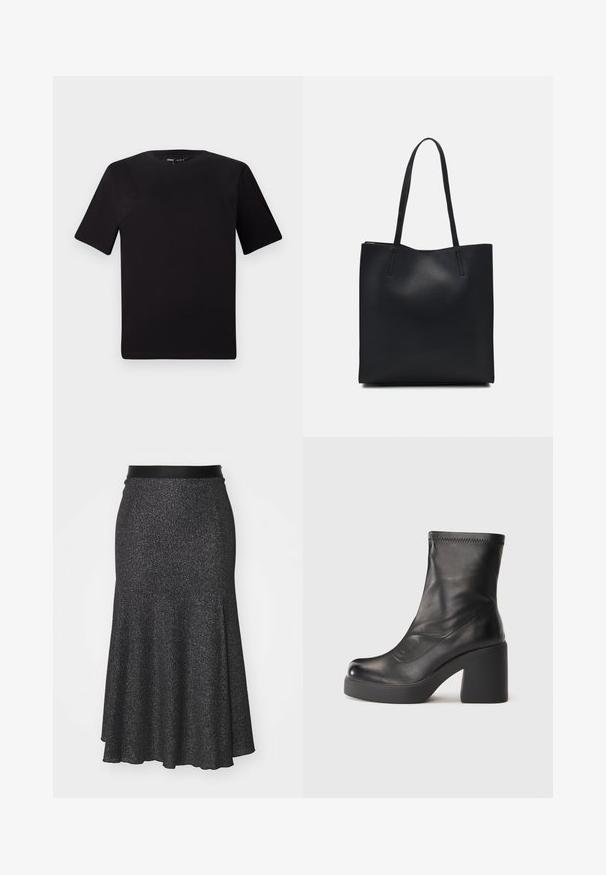 Must olema lühikeste varrukatega must t-särk ümmarguse kaelusega, valmistatud pehmest puuvillast kangast. Lihtne disain, ilma nähtavate logode või mustriteta.; Must maheda, särava flanelliga, sileda kõhuliiniga, valmistatud tekstureeritud materjalist, millel on pikem tagumine äär ja diskreetne säraefekt.; Musti musta nahast saabas, millel on tükkblokk konts ja platvormpõhi, hallil valgel taustal.; Mustast nahast kott sujuva tekstuuriga, ristkülikukujuline ja kahe pika sangaga. Pole nähtavat riistvara ega kaunistusi.