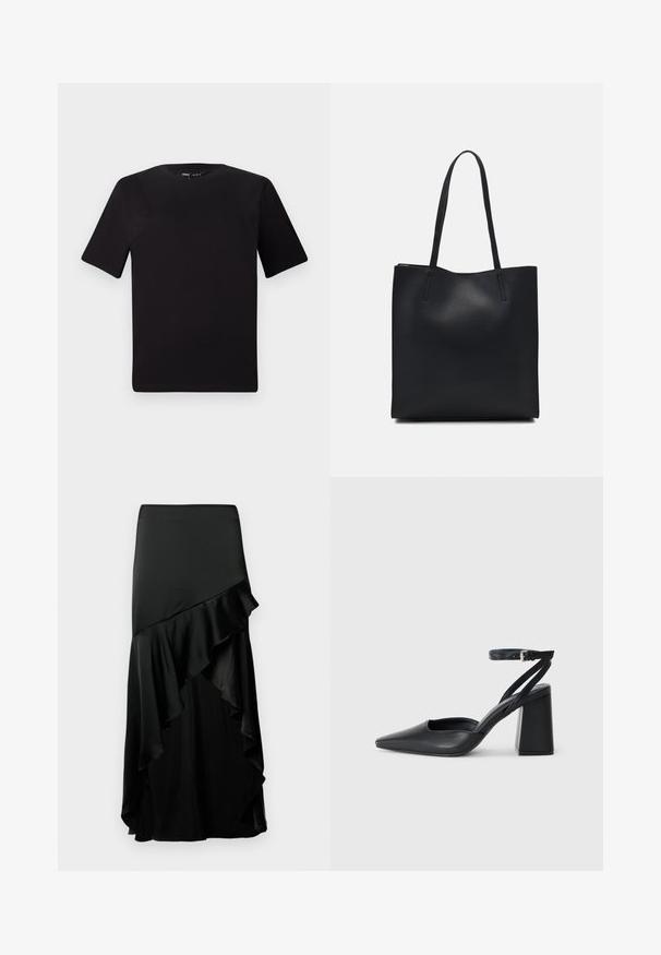 Fekete, rövid ujjú póló, kerek nyakkal, puha pamutból készült. Egyszerű dizájn, nincs látható logó vagy minta.; Fekete hosszú szoknya réteges tervezéssel. Simább textúrájú, ráncolt szegéllyel és szorosan illeszkedő derékrésszel rendelkezik. Könnyű anyagból készült.; Fekete bőr, hegyes orrú magassarkú cipő boka pánttal és vastag sarokkal. Sima textúra, elegáns dizájn és minimális esztétika.; Fekete bőrtáska sima felszínnel, téglalap alakú, két hosszú füllel. Nincs látható fémkiegészítő vagy díszítés.