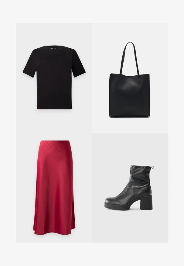 Must olema lühikeste varrukatega must t-särk ümmarguse kaelusega, valmistatud pehmest puuvillast kangast. Lihtne disain, ilma nähtavate logode või mustriteta.; Punane satiin pikk seelik, millel on sile tekstuur, veidi laienev vorm ja külgvahe, et tagada liikumisvabadus. nähtavad riistvara ega kaunistused puuduvad.; Mustad mustad ansapüksid, mis on valmistatud siledast nahast, külje zipperiga, paksu tekstuuriga kontsaga ja ümmarguse nina disainiga.; Mustast nahast kott sujuva tekstuuriga, ristkülikukujuline ja kahe pika sangaga. Pole nähtavat riistvara ega kaunistusi.