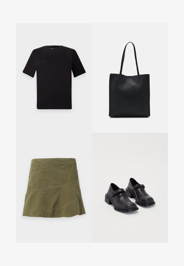 Sort kortærmet t-shirt med rund halsudskæring, lavet af blødt bomuldsstof. Enkel design, ingen synlige logoer eller mønstre.; Olivenfarvet fløjlskørt med en svajet form, der har skrå sømme og en subtil tekstur. Mellemlangt design uden synlige lukninger.; Sorte lædersko med rund tå, flad sål og en rem med spænde detaljer. Chunky blokhæl for øget stabilitet.; Sort læder tote taske med glat tekstur, rektangulær form og to lange hanke. Ingen synlig hardware eller udsmykninger.
