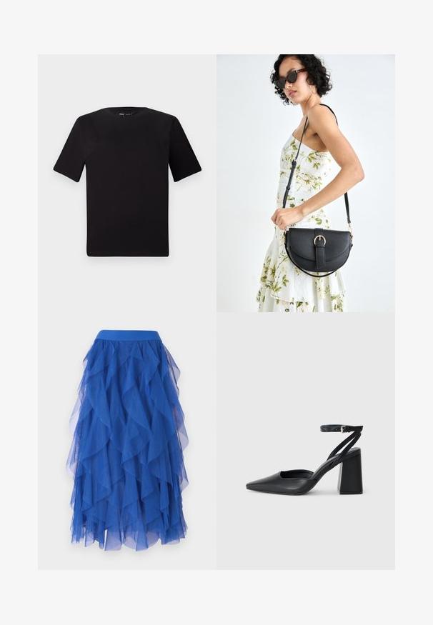 Tricou scurt negru cu mânecă scurtă și guler rotund, realizat dintr-un material de bumbac moale. Design simplu, fără logo-uri sau modele vizibile.; Fustă din tule albastru în mai multe straturi, cu un design ondulat, având un brâu lat și o textură moale, transparentă. Volanele conferă un aspect voluminos.; Pantofii cu toc ascuțit din piele neagră, cu breteaua pentru glezne și toc gros. Textură netedă, design elegant și estetică minimală.; Geantă din piele neagră, cu o formă curbată, curea detașabilă și accesorii aurii. Geanta are un capac cu un detaliu tip cataramă.