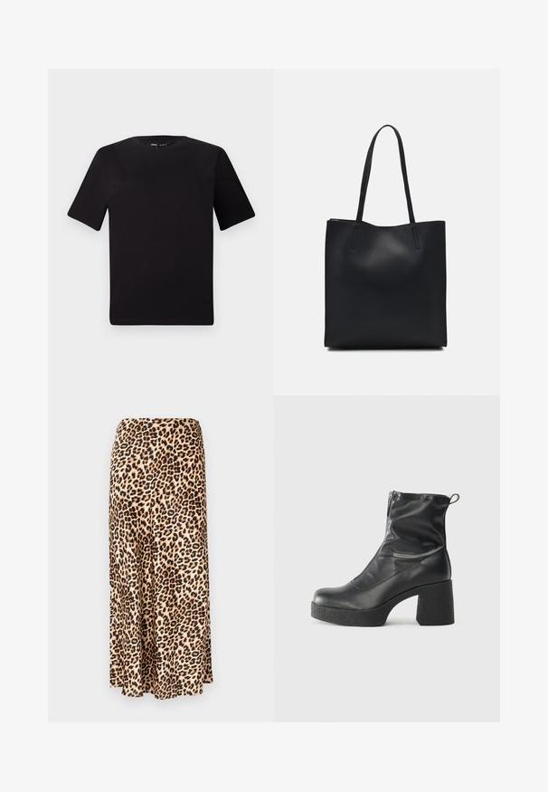 Juodas trumpas rankovės marškinėlis su apvaliu iškirpimu, pagamintas iš minkštos medvilnės medžiagos. Paprastas dizainas, be matomų logotipų ar raštų.; Ilgo leopardinio rašto sijono, pagaminto iš glotnaus audinio. Smėlio spalvos pagrindas su juodais ir ruda dėmėmis. Platėjanti forma su tiesiu apvadu.; Juodos kulkšninių botai, pagaminti iš lygaus odos, su šoniniu užtrauktuku, masyviu tekstūruotu kulnu ir apvaliu pirštu.; Juodas odinis tote krepšys su lygia tekstūra, stačiakampio formos ir dviem ilgais rankenomis. Matomų metalinių detalių ar puošybos nėra.