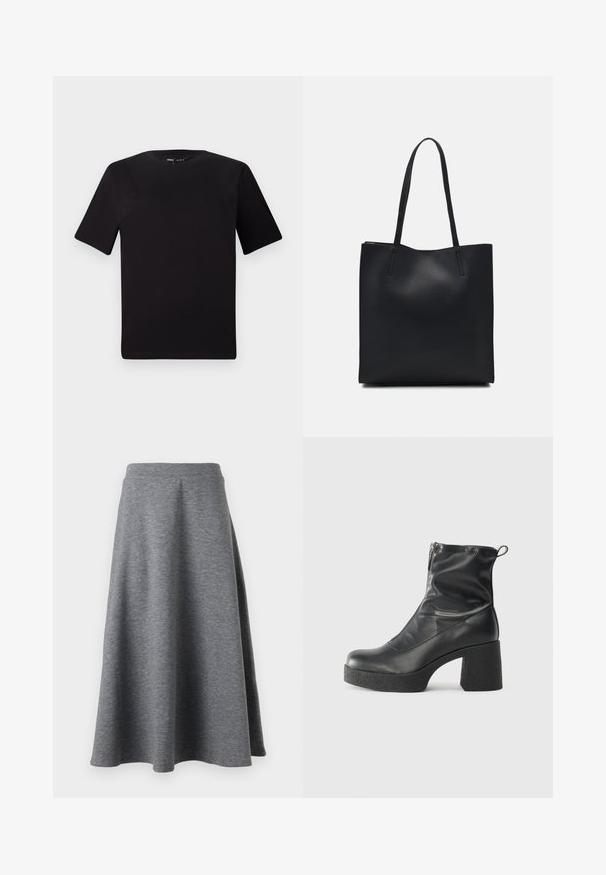 Juodas trumpas rankovės marškinėlis su apvaliu iškirpimu, pagamintas iš minkštos medvilnės medžiagos. Paprastas dizainas, be matomų logotipų ar raštų.; Pilkos, kelių colių ilgio sijonas, pagamintas iš minkštos, elastingos medžiagos, pasižymintis platėjančiu dizainu ir elastinga liemens juosta komfortui.; Juodos kulkšninių botai, pagaminti iš lygaus odos, su šoniniu užtrauktuku, masyviu tekstūruotu kulnu ir apvaliu pirštu.; Juodas odinis tote krepšys su lygia tekstūra, stačiakampio formos ir dviem ilgais rankenomis. Matomų metalinių detalių ar puošybos nėra.