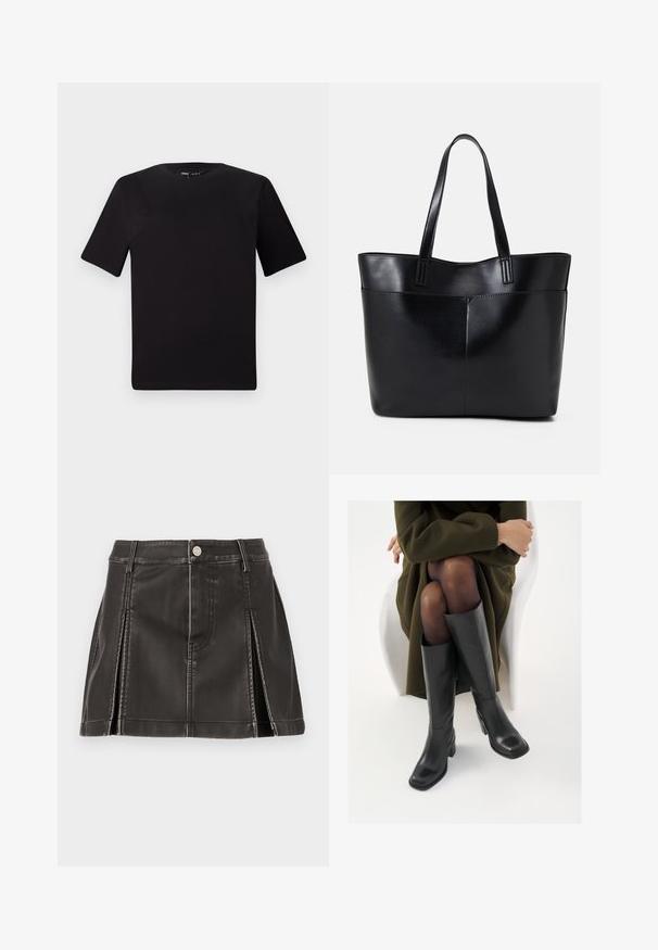 Črna majica s kratkimi rokavi in okroglim izrezom, izdelana iz mehkega bombažnega materiala. Preprost dizajn, brez vidnih logotipov ali vzorcev.; Črna umetna usnjena krilo z visokim pasom, ki ima šivane detajle in stranske nabore. Kovinski gumb za zapiranje spredaj.; Črne usnjene čevlje do kolen s kvadratnim prstom in blok peto, prikazani na modelu, ki sedi v olivno zeleni plašču. Gladka tekstura, minimalne podrobnosti.; Črna usnjena torba z dvema dolgima ročajema, gladko teksturo in strukturirano obliko. Ima sprednji žep za dodatno shranjevanje.