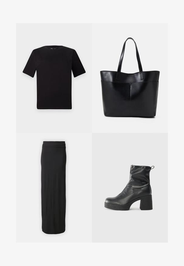 Schwarzes T-Shirt mit kurzen Ärmeln und Rundhalsausschnitt, aus weichem Baumwollmaterial gefertigt. Schlichtes Design, keine sichtbaren Logos oder Muster.; Schwarzer, bodenlanger Rock aus weichem, elastischem Stoff mit einem enganliegenden Bund. Schlichtes, glattes Design ohne Muster oder Verzierungen.; Schwarze Stiefeletten aus glattem Leder mit seitlichem Reißverschluss, klobigem strukturiertem Absatz und runder Zehenform.; Schwarze Leder-Shopper-Tasche mit zwei langen Griffen, einer glatten Textur und einer strukturierten Form. Verfügt über eine Vordertasche für zusätzlichen Stauraum.