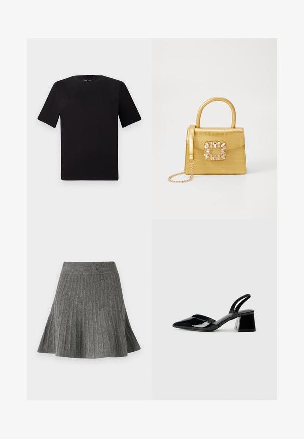 Svart kortärmad t-shirt med rund halsringning, tillverkad i mjukt bomullstyg. Enkelt mönster, utan synliga logotyper eller mönster.; Grå, veckad kjol i mjukt material. Har ett ribbat midjeband och en utställd form, vilket ger ett strukturerat utseende.; Svarta lackläder slingback klackar med spetsig tå och geometrisk klack. Har en elegant, minimalistisk design och slät yta.; Gul faux-krokodilhandväska med en strukturerad design, topphandtag, avtagbar kedjesladd och dekorativa kristalldekorationer på klämman.