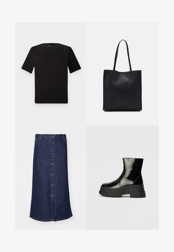 Melnas īsām piedurknēm T-krekls ar apaļu kakla izgriezumu, izgatavots no mīksta kokvilnas auduma. Vienkāršs dizains, bez redzamām logo vai rakstiem.; Denim svārki, tumši zili, vidēja garuma ar metāla pogu rindu pie priekšpuses, šūts apmale un standarta josta. Gluda tekstūra.; Melnas spīdīgas potītes zābaki ar biezu zoli un noapaļotu purngalu, sānu skats uz vienkārša gaiši pelēka fona.; Melnas ādas somiņa ar gludu tekstūru, taisnstūra formu un divām garām rokturiem. Nav redzamu aparatūras vai rotājumu.