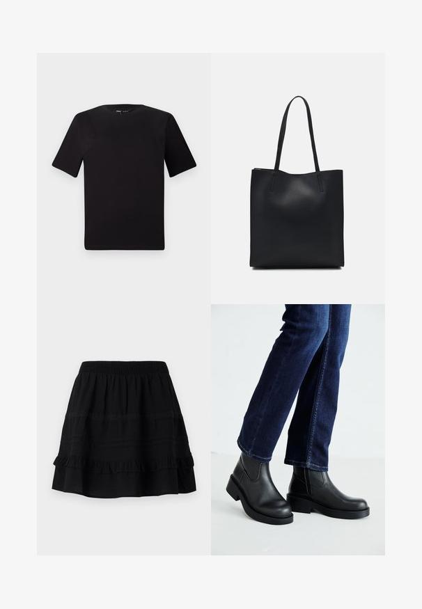 Svart t-skjorte med korte ermer og rund hals, laget av mykt bomullsstoff. Enkelt design, ingen synlige logoer eller mønstre.; Svart bomullsskjørt med flertiers volanger, med elastisk midje og dekorasjoner av kontraststing og blonder.; Sorte lær ankelsko med en kraftig såle og elastiske paneler på siden, kombinert med mørkeblå jeans. Underlaget er lyst.; Svart lær tote bag med glatt tekstur, rektangulær form og to lange håndtak. Ingen synlige deler eller dekorasjoner.