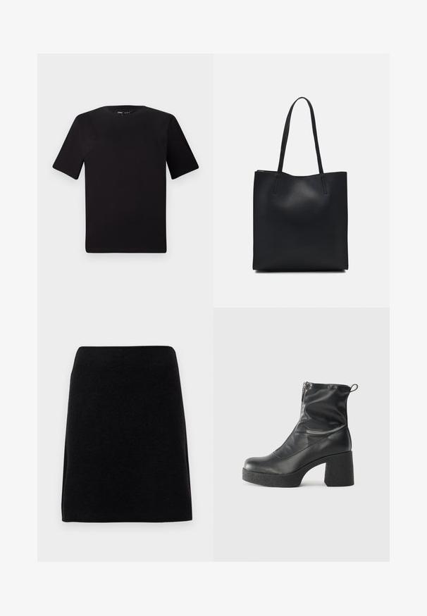 Black short-sleeve t-shirt with a round neckline, crafted from soft cotton fabric. Simple design, no visible logos or patterns.; Black mini skirt made of soft fabric, featuring a straight cut and seamless waistband, with no visible fastenings or patterns.; Black ankle boots made of smooth leather, featuring a side zipper, chunky textured heel, and rounded toe design.; Black leather tote bag with smooth texture, rectangular shape, and two long handles. No visible hardware or embellishments.