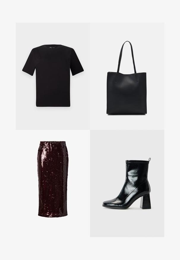 Black short-sleeve t-shirt with a round neckline, crafted from soft cotton fabric. Simple design, no visible logos or patterns.; Burgundy sequin pencil skirt with a fitted silhouette, smooth texture, knee-length, featuring a shiny, reflective surface and no visible fastenings.; Black patent ankle boot with a square toe and chunky geometric heel. Features a smooth, shiny texture and a rear pull tab for easy wear.; Black leather tote bag with smooth texture, rectangular shape, and two long handles. No visible hardware or embellishments.